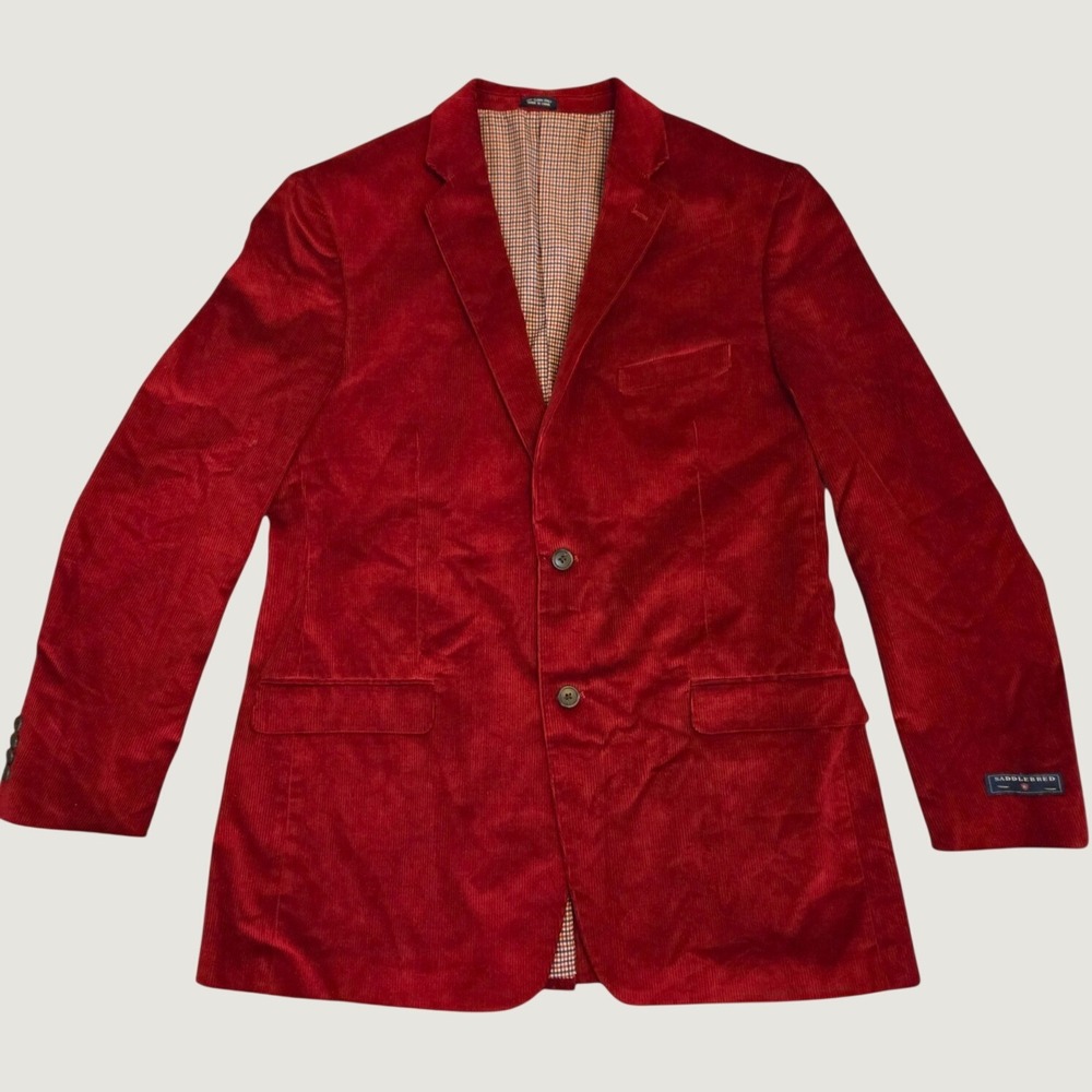 Saddlebred Mens Red Corduroy Blazer Sport Coat Fall Jacket 42L Gingham Lining